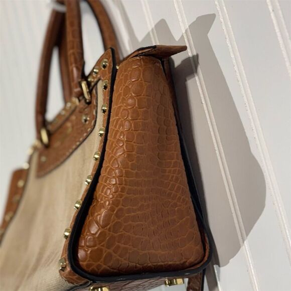 Michael Kors Croc Embossed Canvas Satchel Tote Brown Tan Studded Shoulder Bag - Picture 4 of 10